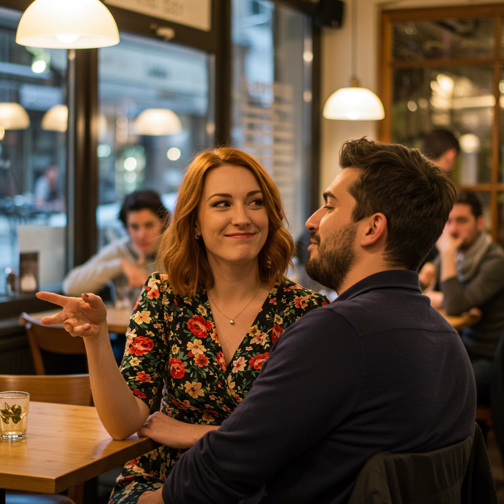 A woman shaking her head with a knowing smile as someone flirtatiously leans in