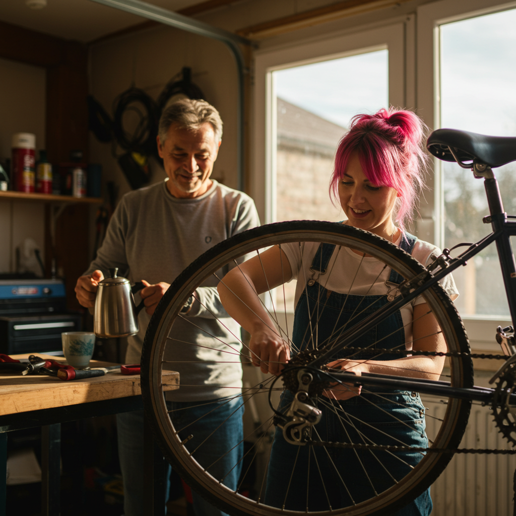 [One partner fixing the other’s bike while the other prepares tea—different but complementary gestures]