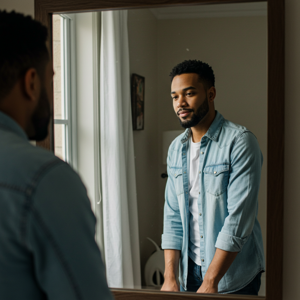 [Someone looking in a mirror with affectionate acceptance]