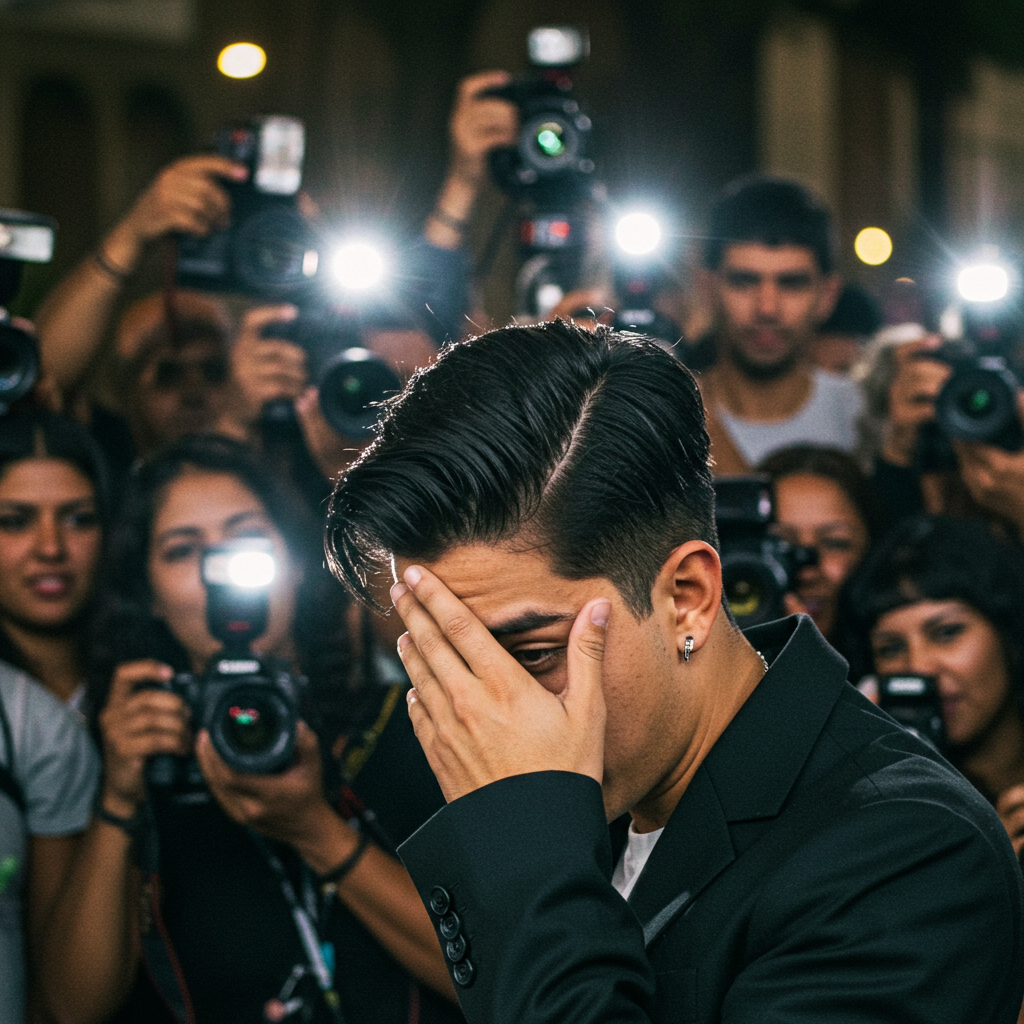 [A paparazzi zoom-in shot of a celebrity adjusting their hair, possibly revealing a hairpiece or extensions.]