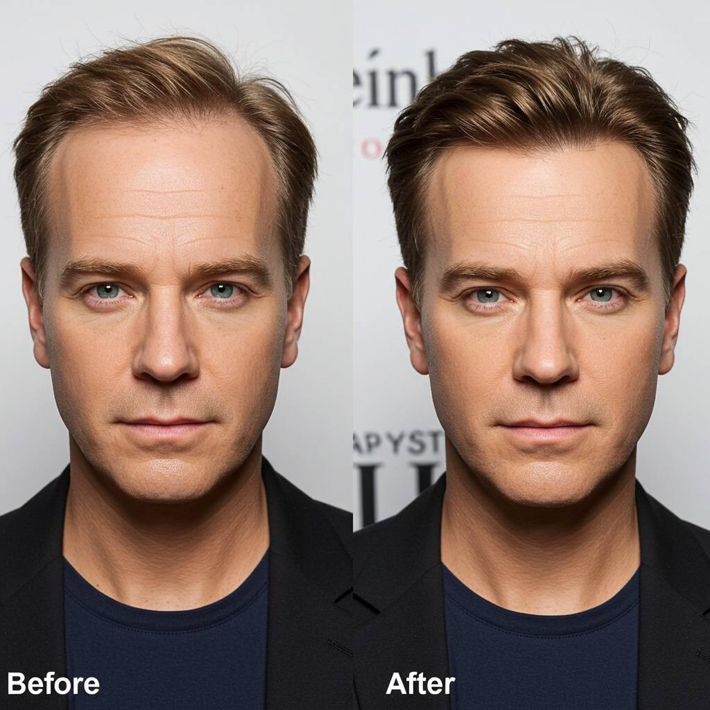 [Before-and-after images of a celebrity hair transplant, showing a restored hairline.]