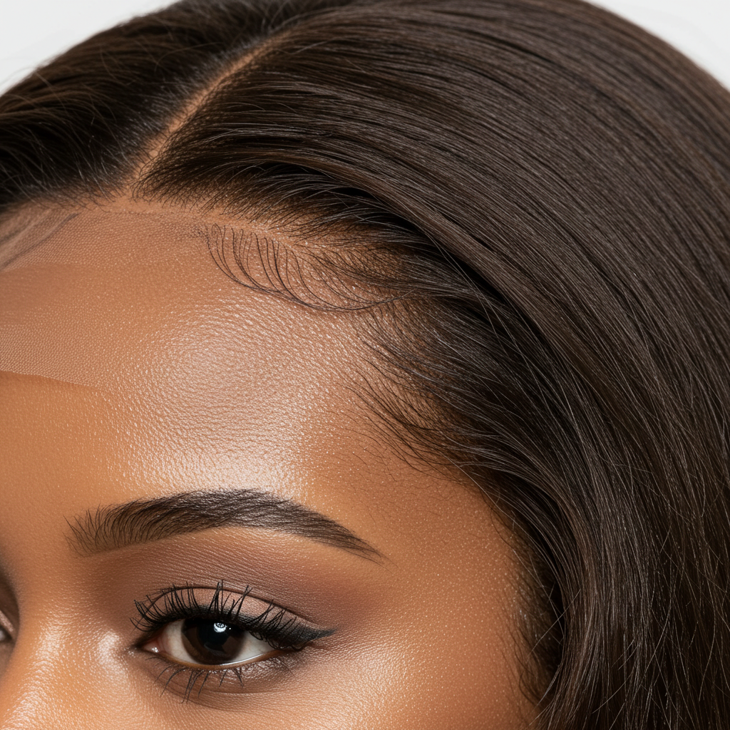 [A close-up of a celebrity’s hairline with a lace-front wig, showing how natural it looks.]
