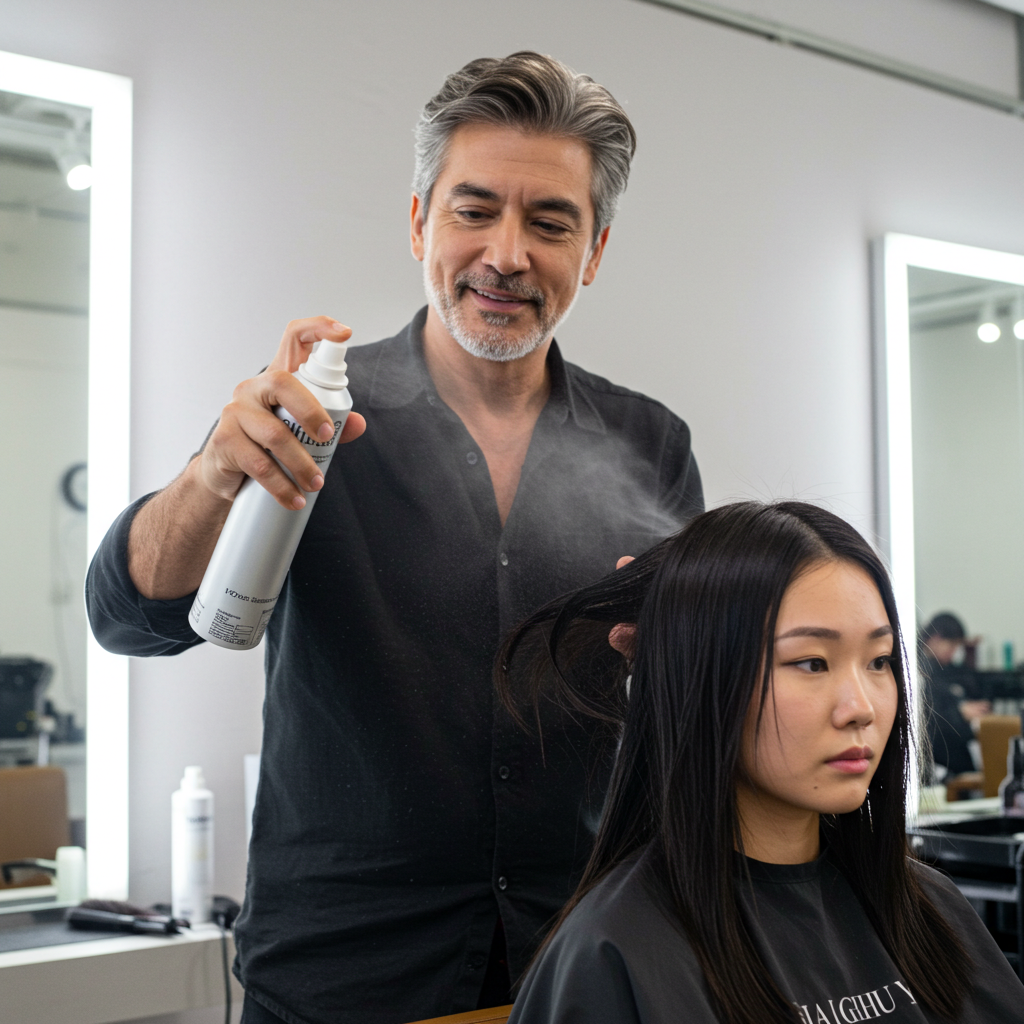 [A celebrity hairstylist applying hair fibers or volumizing spray to a client’s hair.]