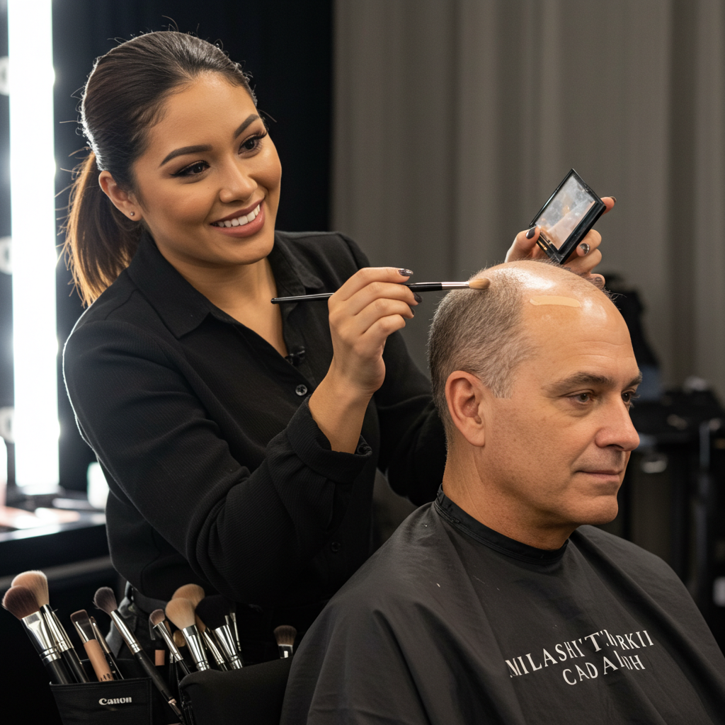 [A makeup artist applying scalp concealer to a celebrity’s thinning area.]