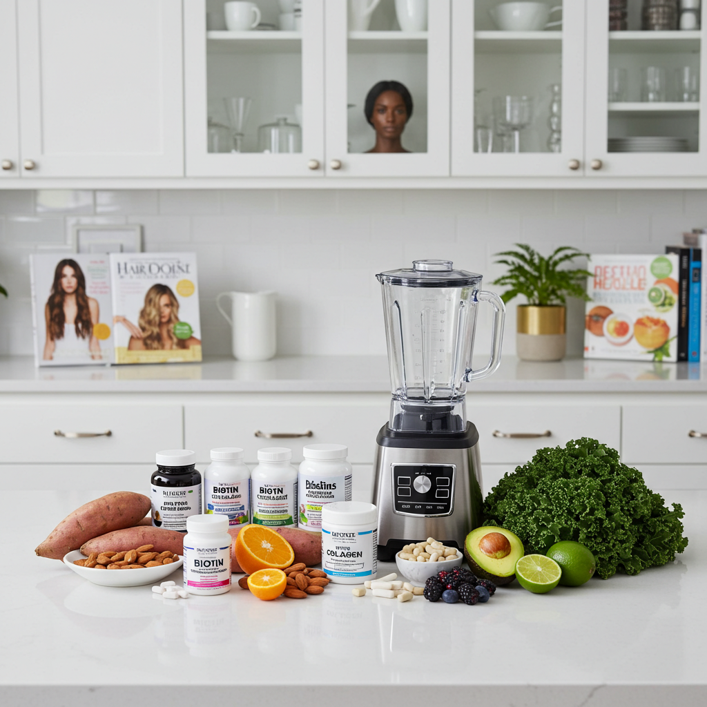 [A celebrity’s kitchen with supplements, smoothies, and healthy foods known to promote hair growth.]