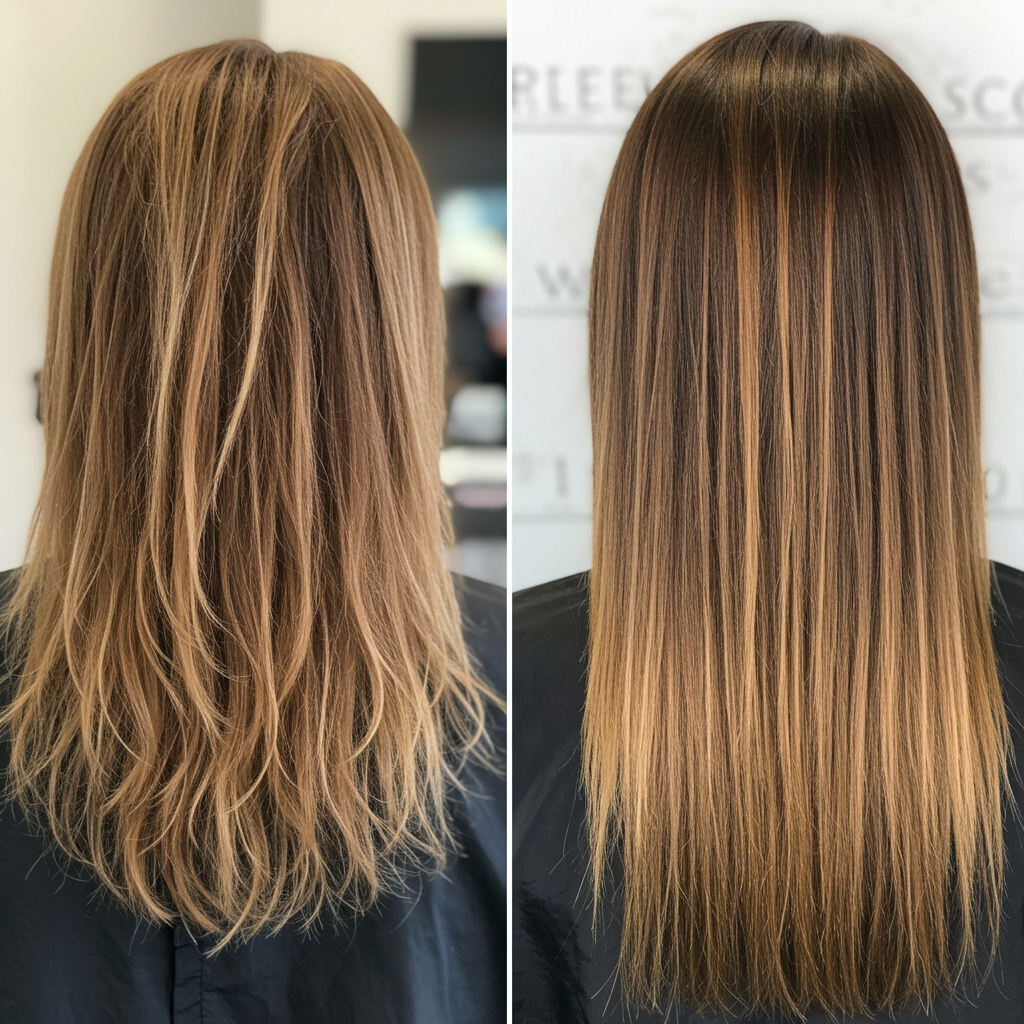 Side-by-side comparison of poorly blended vs. seamless hair extensions