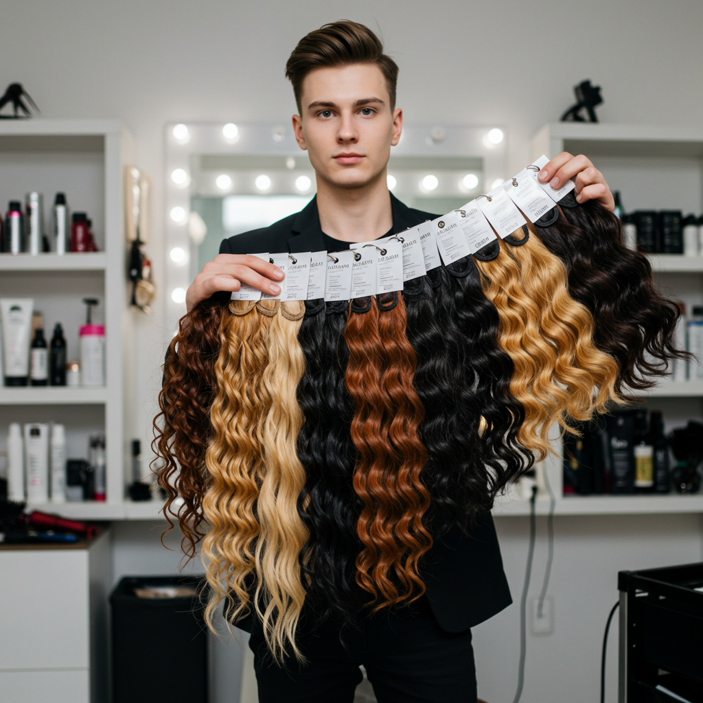 [A stylist holding swatches of human hair extensions in varying textures and colors]