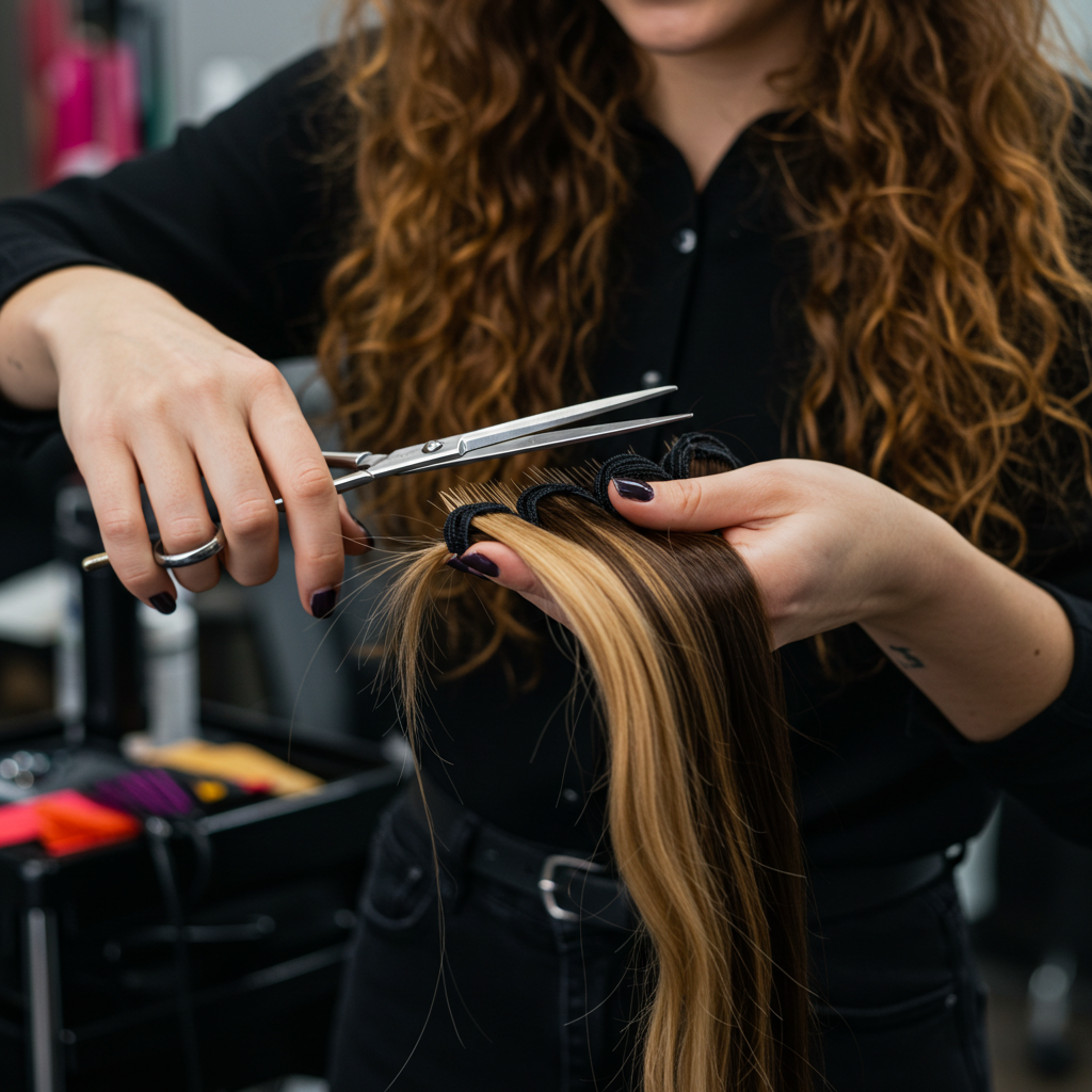 
[A hairstylist holding hair extensions, customizing with scissor]