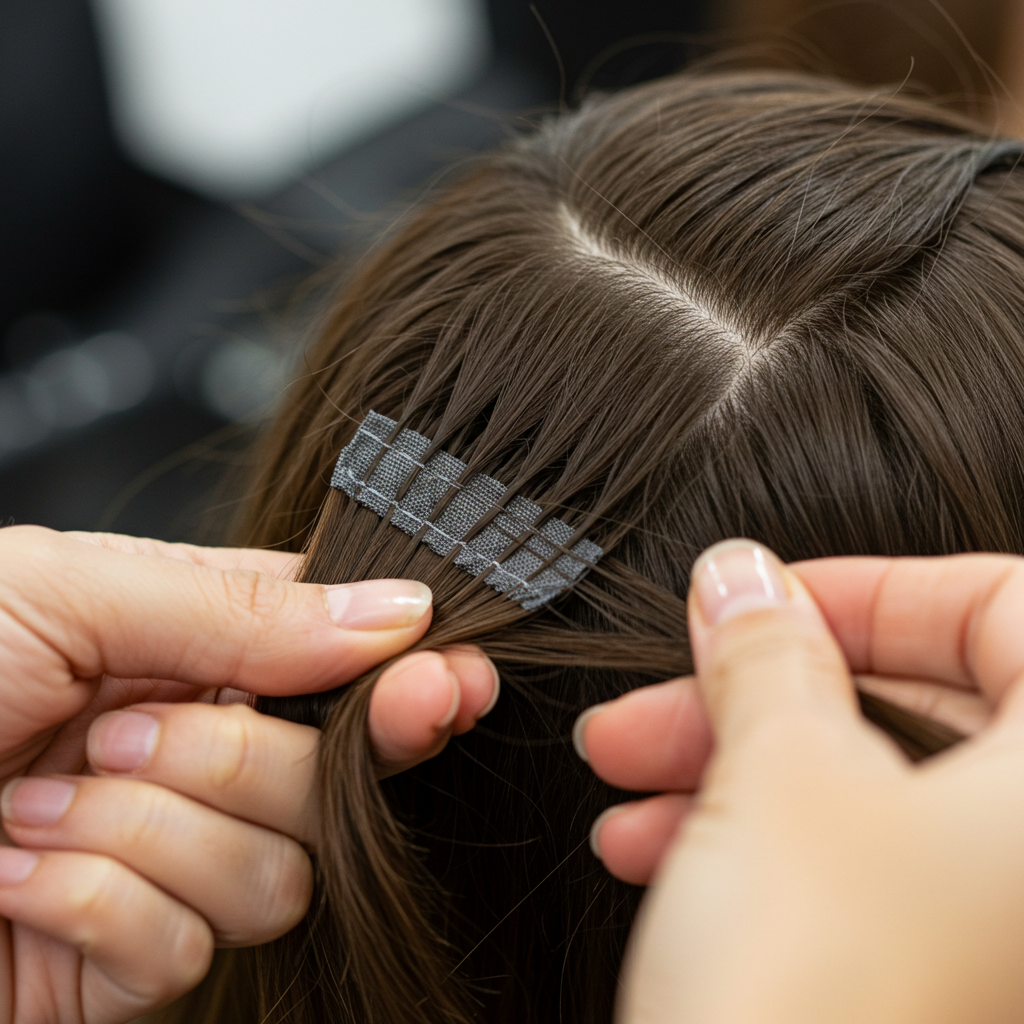 [Step-by-step images of tape-in extensions being applied]