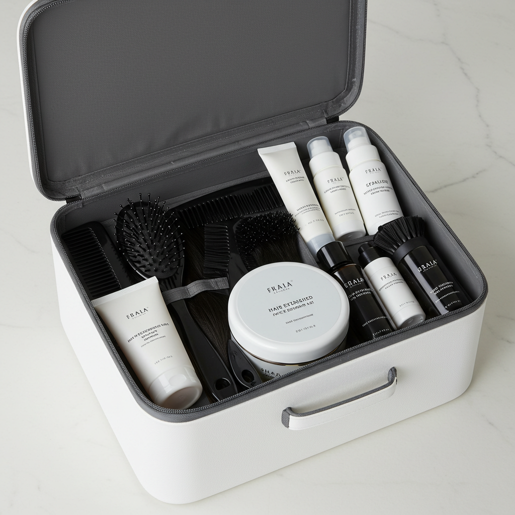 A neatly organized hair extension care kit with brushes and products]