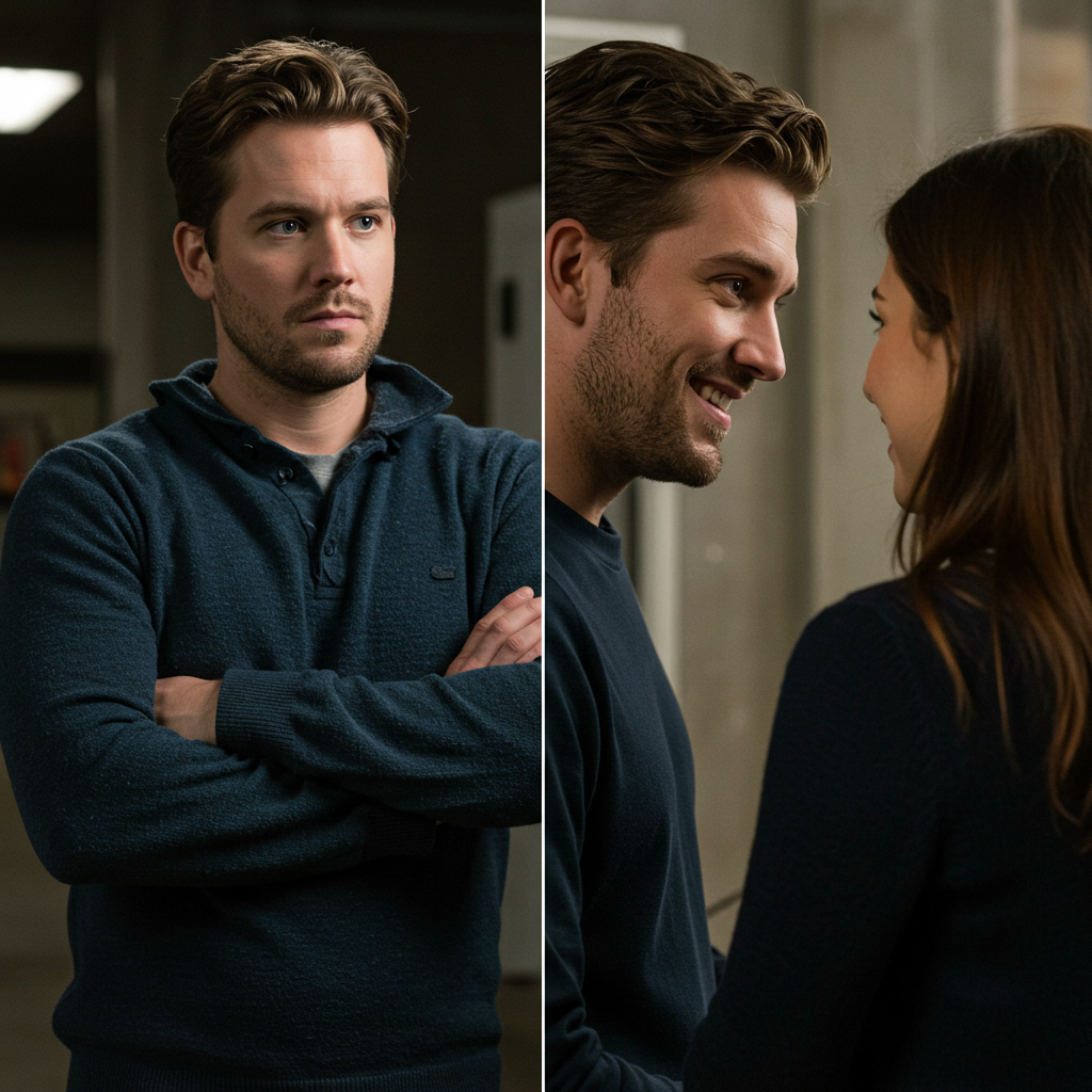 A split image: on one side, a man looking defensive and closed-off with his arms crossed; on the other, a man smiling openly and leaning in with interest towards a woman.