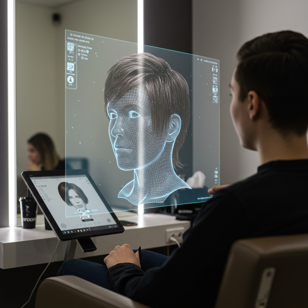 A person sitting in a modern salon chair, looking in awe at a shimmering, life-like 3D holographic projection of their own head with a completely different hairstyle floating just in front of them. The technology is sleek and futuristic.