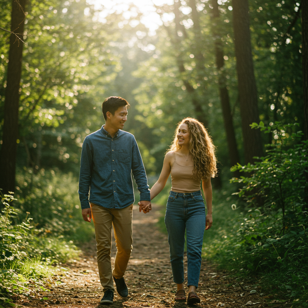 A couple holding hands while walking in nature, looking relaxed and connected, symbolizing a strong foundational bond.