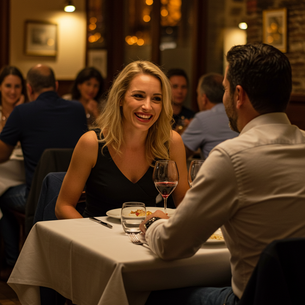 A woman on a date, smiling confidently as she speaks, while her date listens intently with a look of admiration.