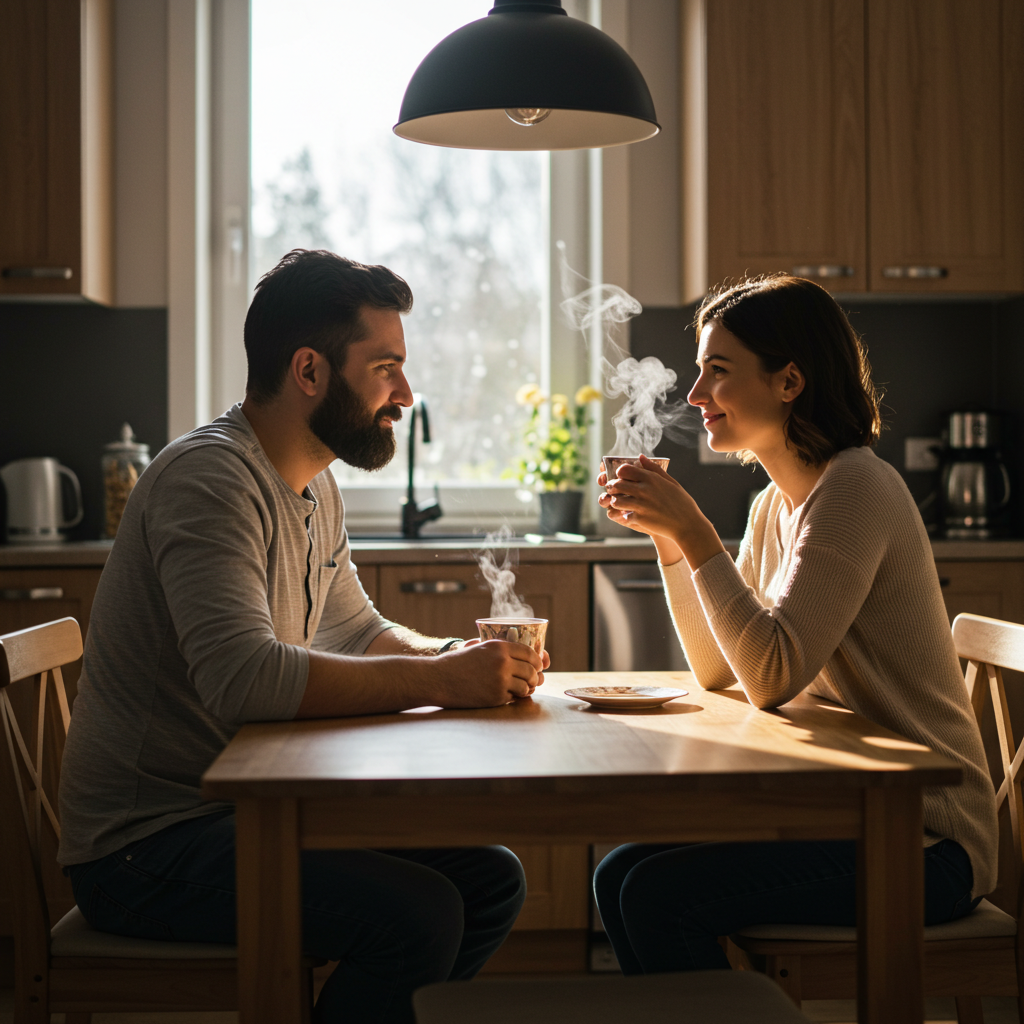 A couple sitting at a kitchen table with cups of tea, leaning in for a calm, private conversation in a well-lit room.