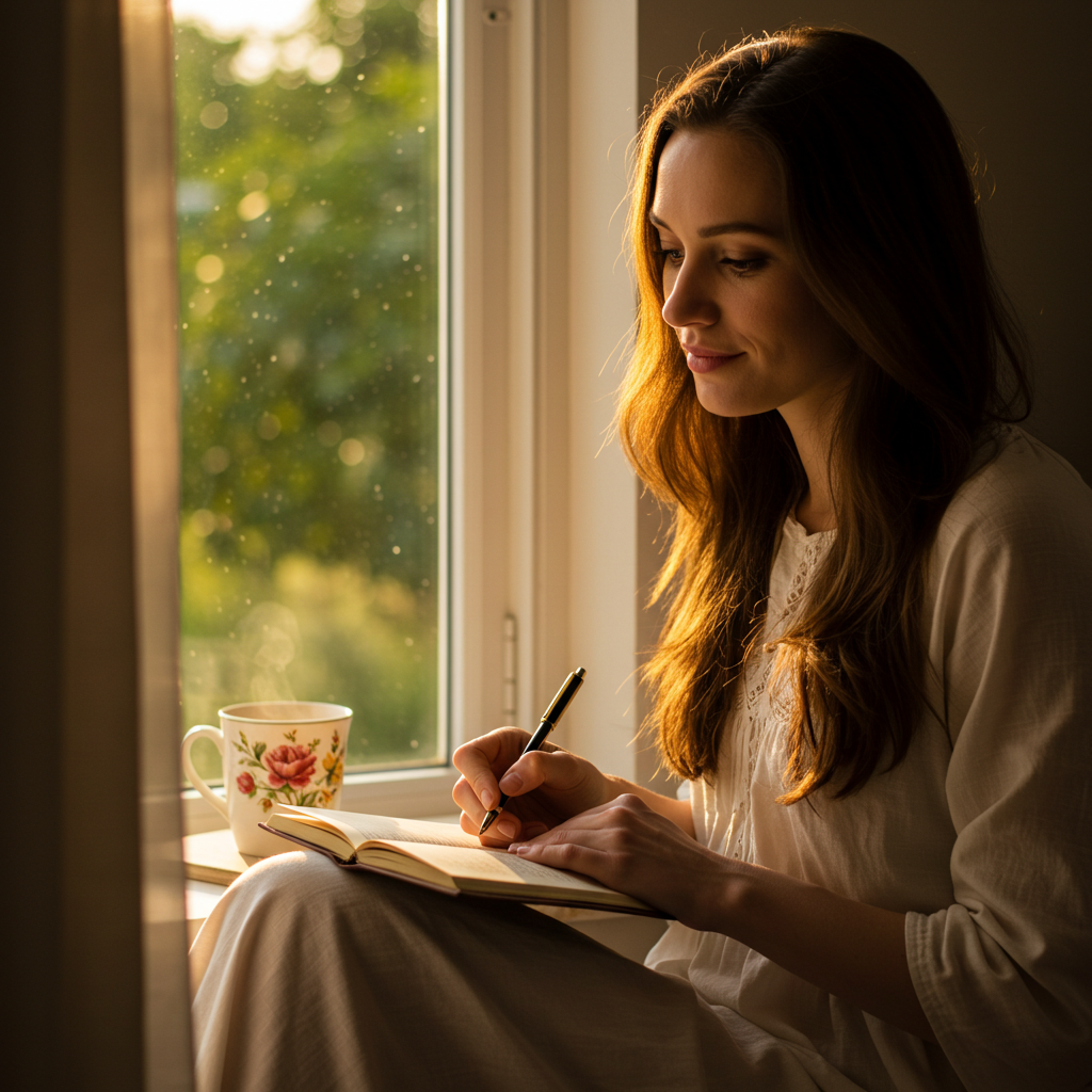 A woman journaling thoughtfully by a window with a cup of tea, symbolizing self-reflection.