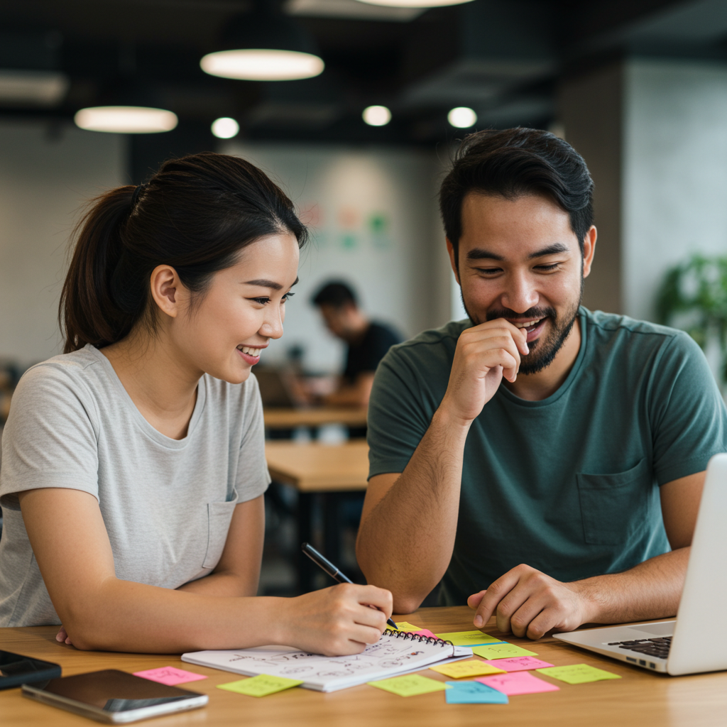 A couple brainstorming together with a notepad, smiling and looking collaborative, symbolizing teamwork in problem-solving.