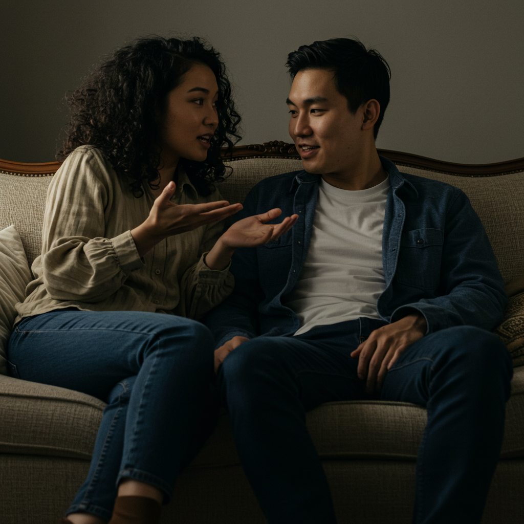 A couple sitting on a cozy couch, one person speaking earnestly while the other leans in, listening intently with a warm, focused expression.