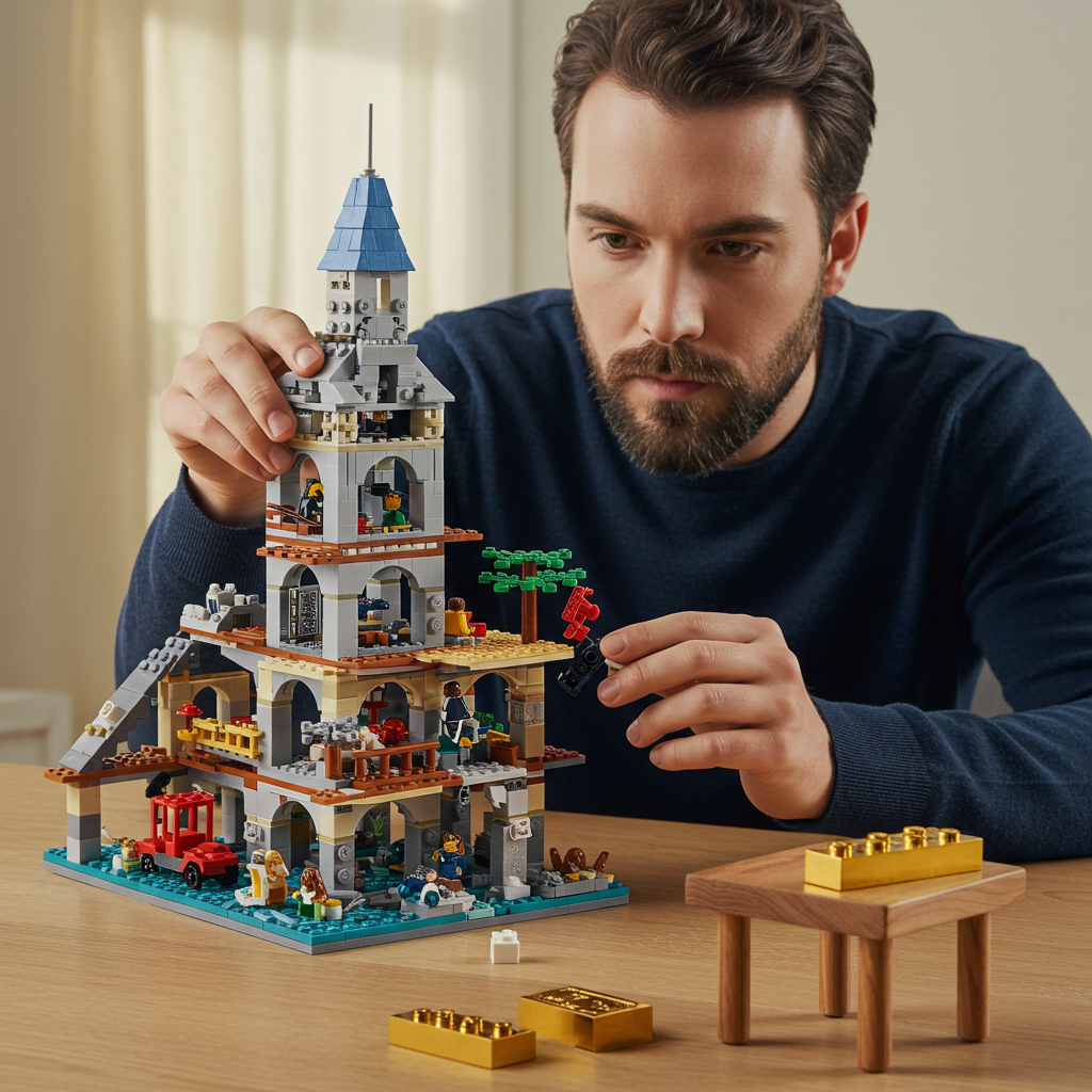 A visual metaphor: a person confidently building a intricate Lego structure, representing building their own life, with a single piece set aside separately.