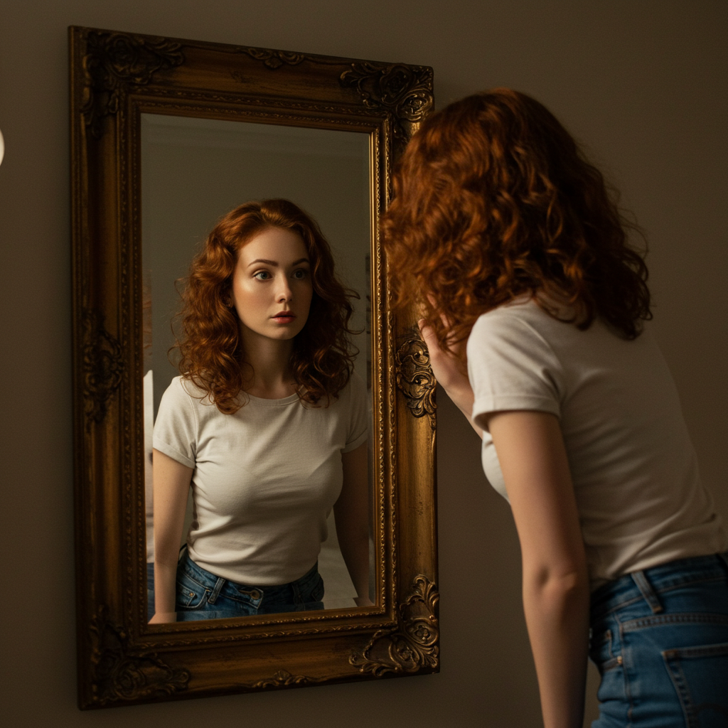 A woman looking curiously into a mirror