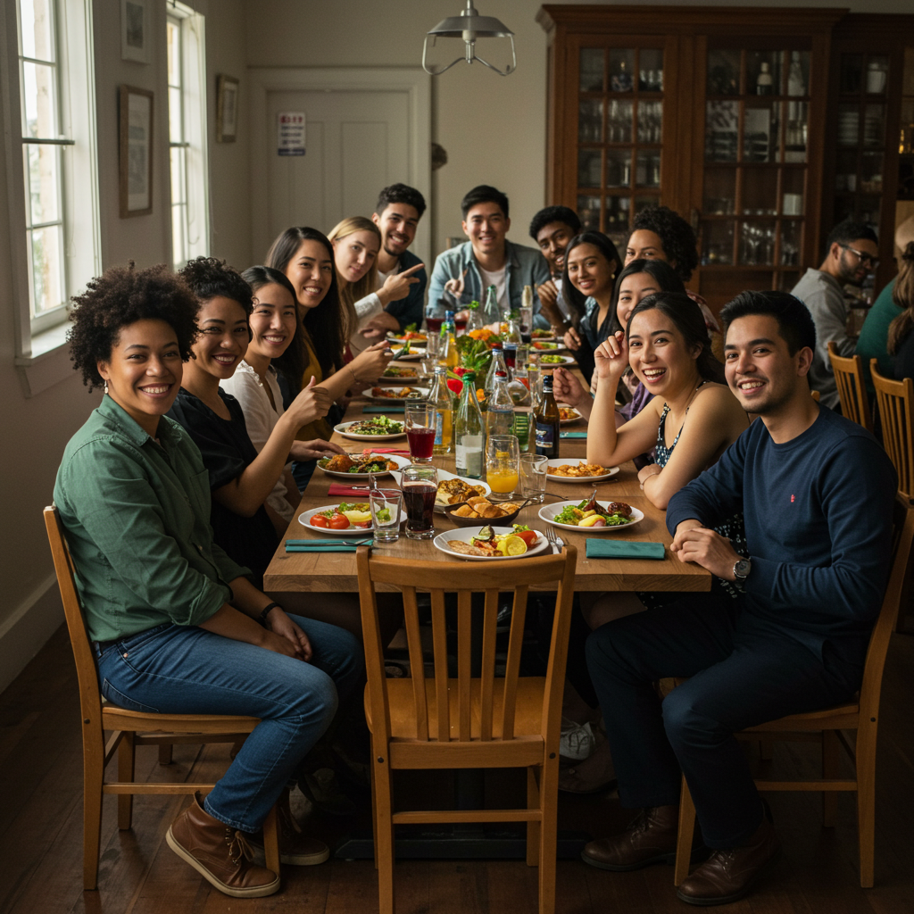 A vibrant, overflowing table set for a festive dinner with many happy people, but one empty chair that doesn't look sad or missing, just part of the scene.