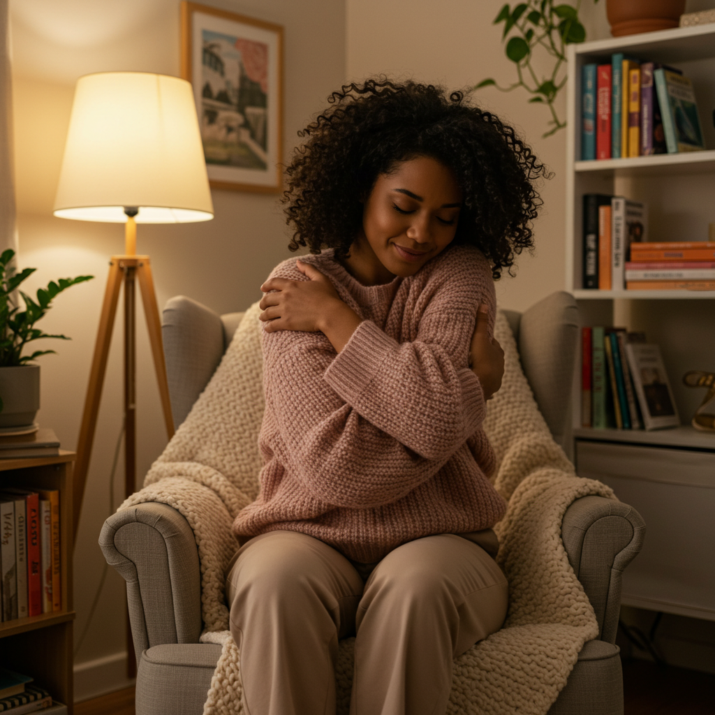 A person giving themselves a warm, reassuring hug in a cozy, safe-looking room.