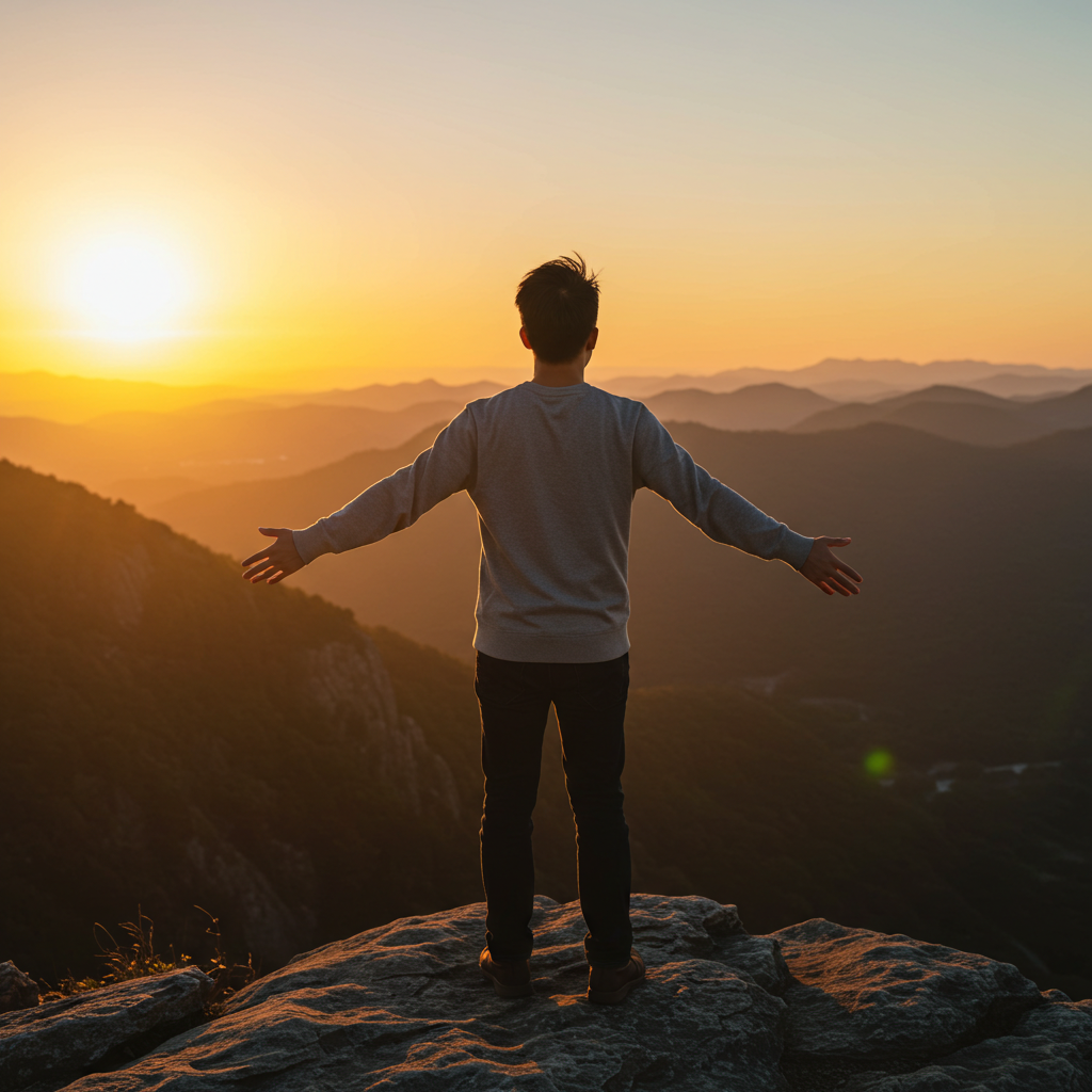 A person standing confidently on a cliff edge at sunrise, arms slightly outstretched, embodying a sense of peace and self-assurance while looking out at the view.
