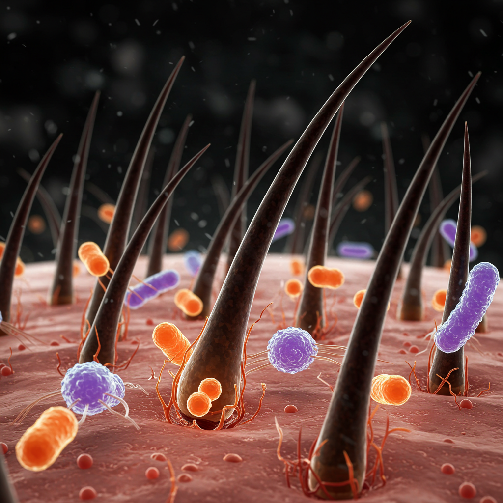 A hyper-realistic, visually stunning CGI rendering of the scalp's surface, showing hair follicles surrounded by a glowing, healthy ecosystem of beneficial bacteria (the microbiome), depicted as beautiful, luminous organisms.