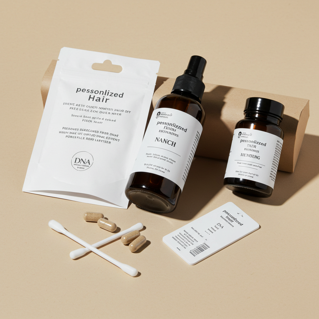 [A close-up, clean shot of a personalized hair care kit. It includes a sleek bottle with a custom label bearing a person's name, a bottle of tailored supplements, and a DNA test swab kit laid out on a neutral background.]