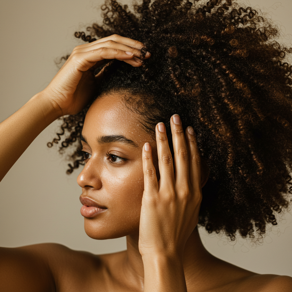Person applying a natural hair mask with ingredients like amla or coconut oil