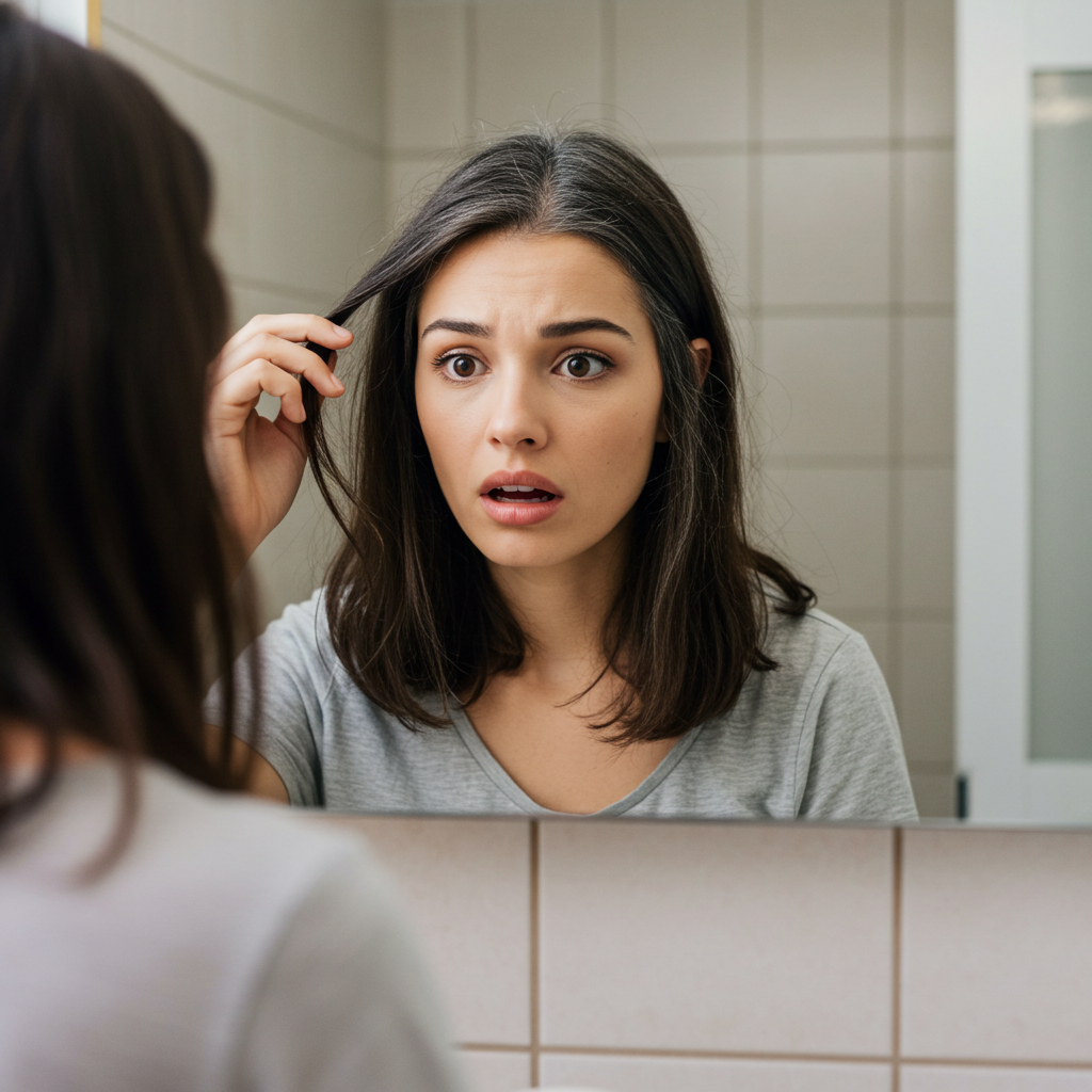 woman looking at camera, holding their first white hairs with a surprised expression