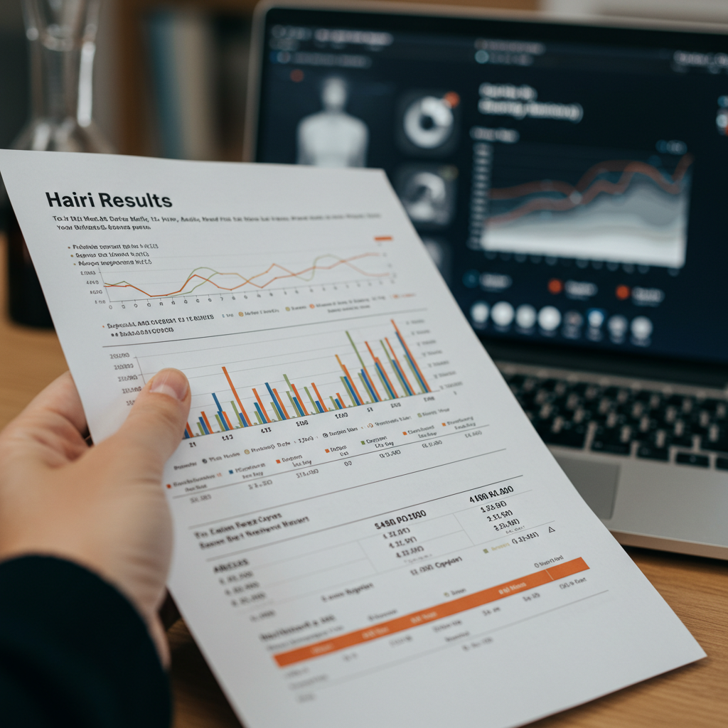 [A person's hand holding a printed lab results sheet with graphs and numerical values highlighted. In the background, out-of-focus, is a laptop showing a digital dashboard of health metrics related to hair health.]