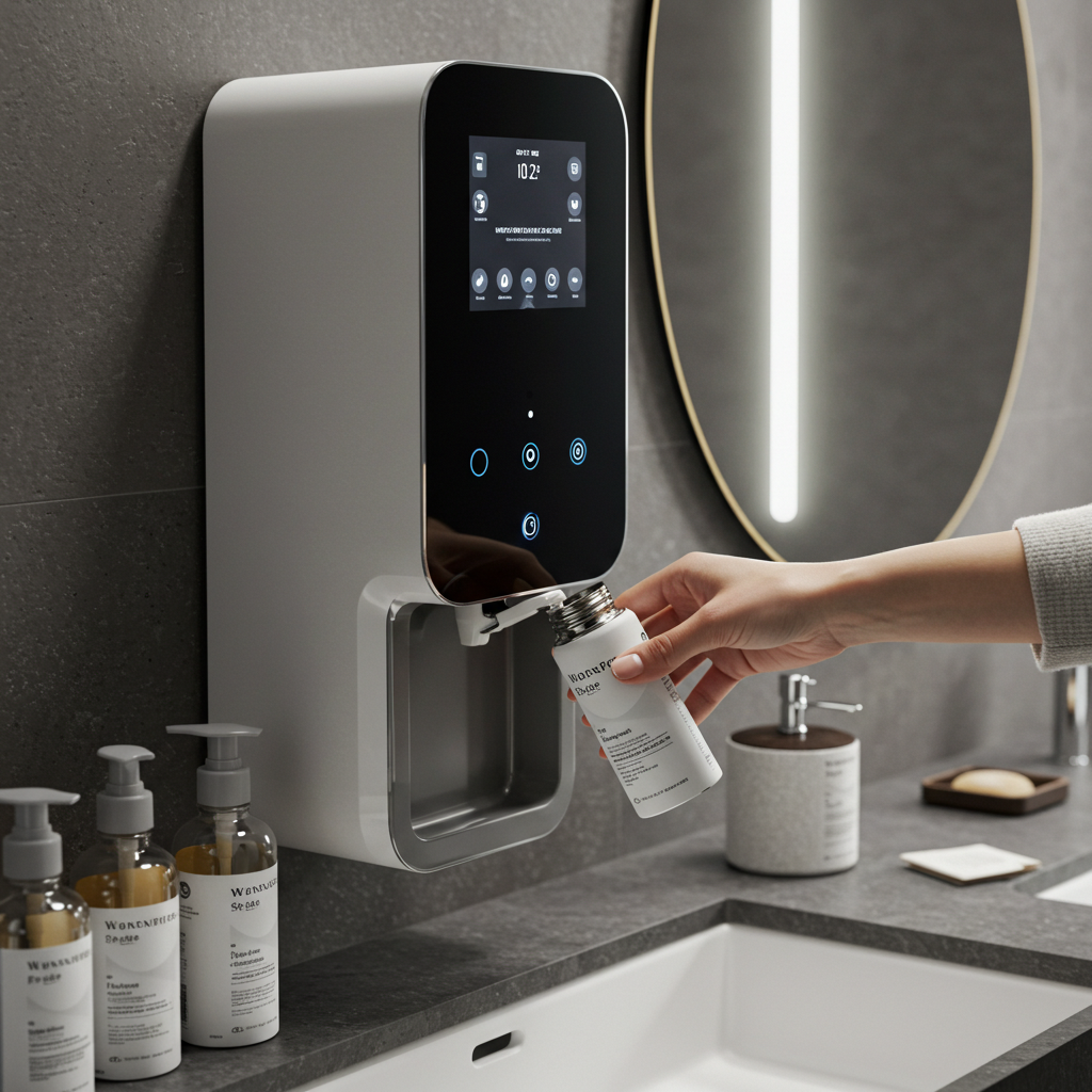 
[A futuristic-looking bathroom vanity. Instead of a clutter of bottles, there is one elegant, high-tech dispenser unit with a digital screen. A person is refilling their travel-sized bottle from it, symbolizing efficient, personalized, and sustainable care.]