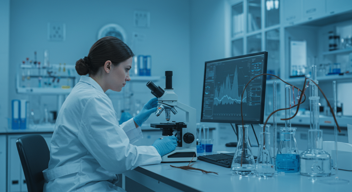 [A futuristic-looking bathroom vanity. Instead of a clutter of bottles, there is one elegant, high-tech dispenser unit with a digital screen. A person is refilling their travel-sized bottle from it, symbolizing efficient, personalized, and sustainable care.]