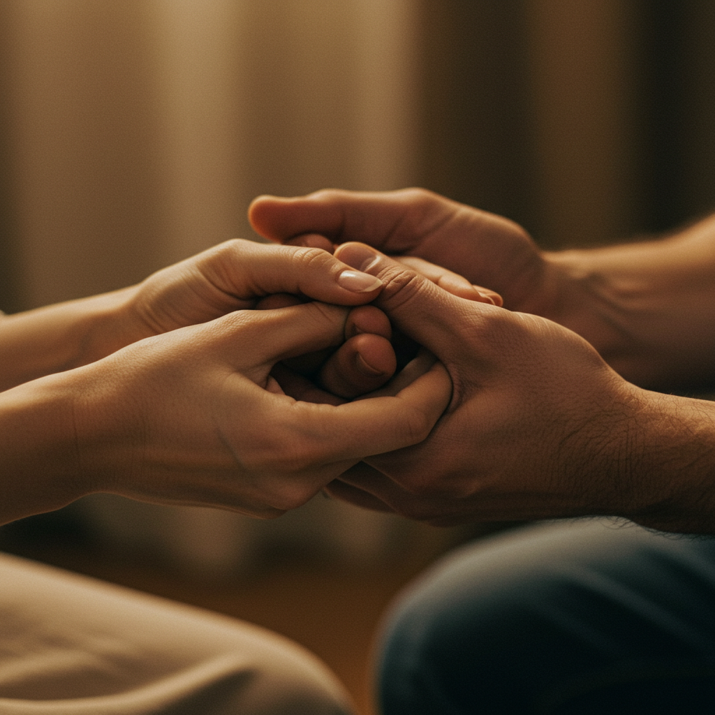 A close-up shot of two pairs of hands, one gently placing a reassuring hand over the other, conveying support and connection without words.