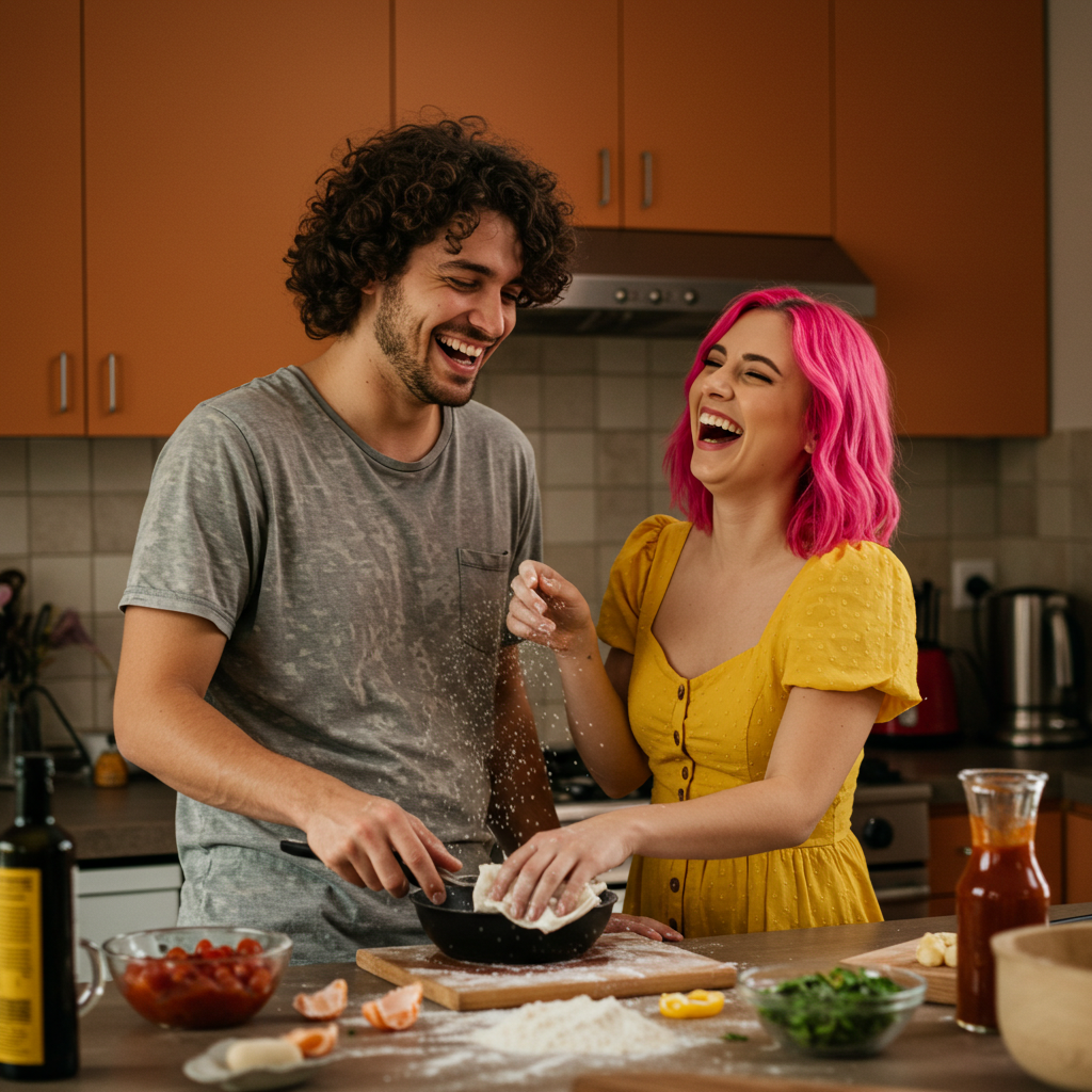 A couple cooking together in a kitchen, laughing over a spilled ingredient, their bodies relaxed and comfortable in each other's space, showcasing a shared moment of joy.