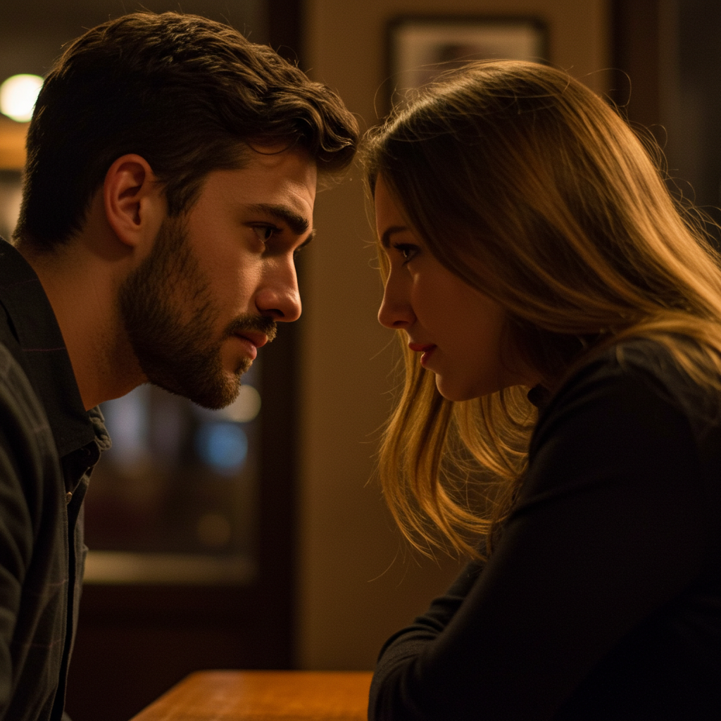 A close-up shot of two people's body language on a first date, one person leaning far forward while the other leans back slightly, illustrating imbalance.