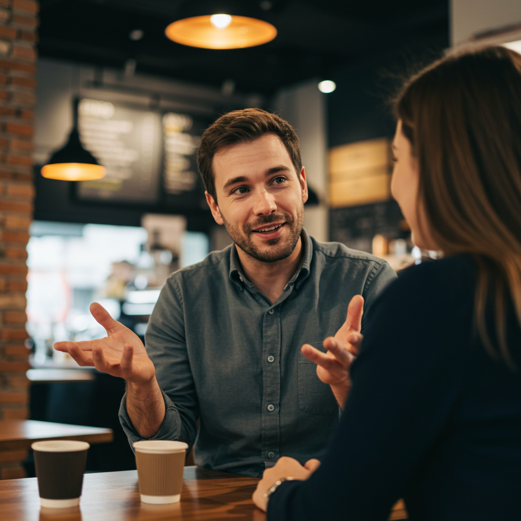 A man and woman at a coffee shop, the man is speaking with a slightly hesitant but sincere smile, hands gesturing openly, while the woman looks on with empathy and connection.