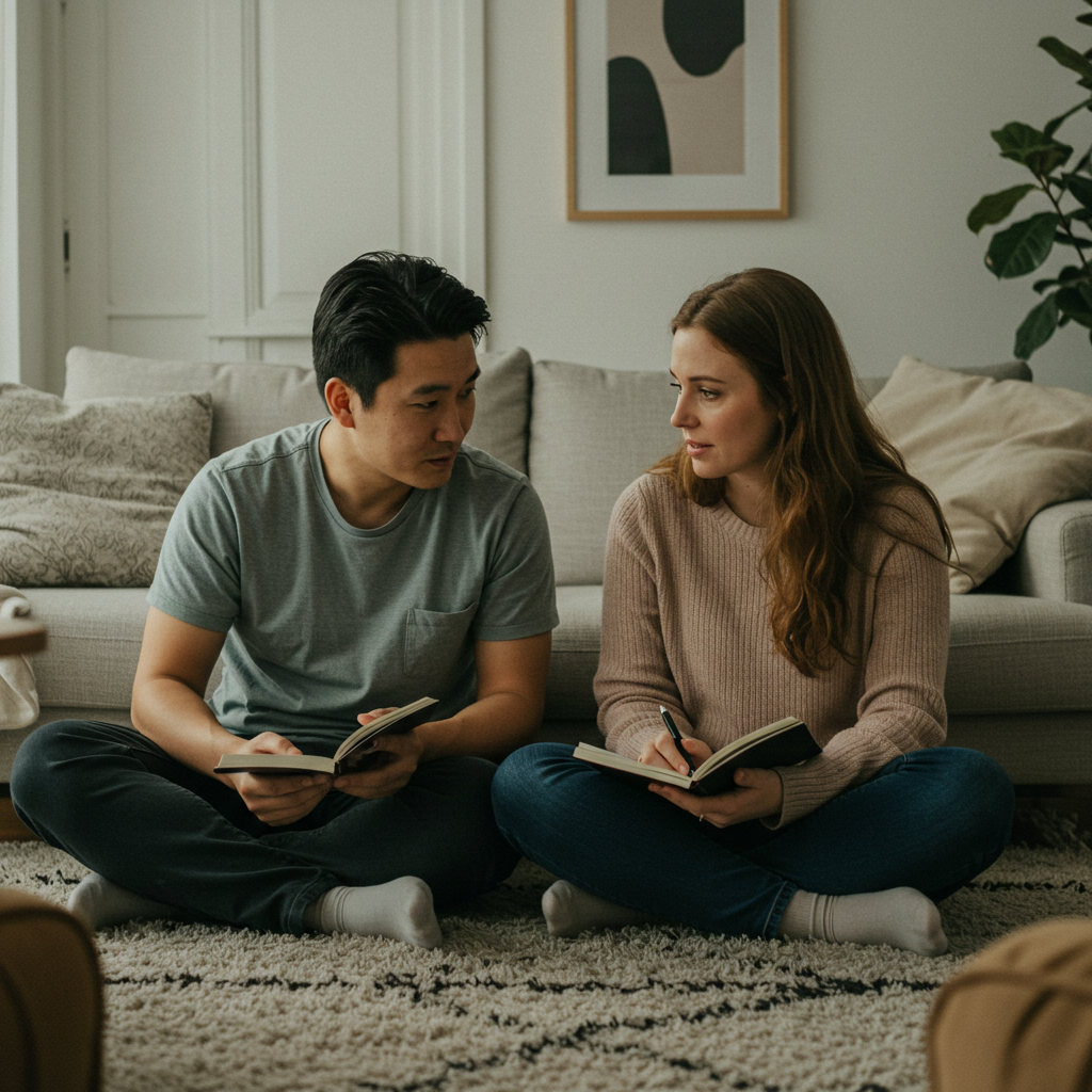 A couple sitting on the floor with notebooks, peacefully discussing and comparing their lists from the 'Mapping Your Emotional Worlds' exercise.