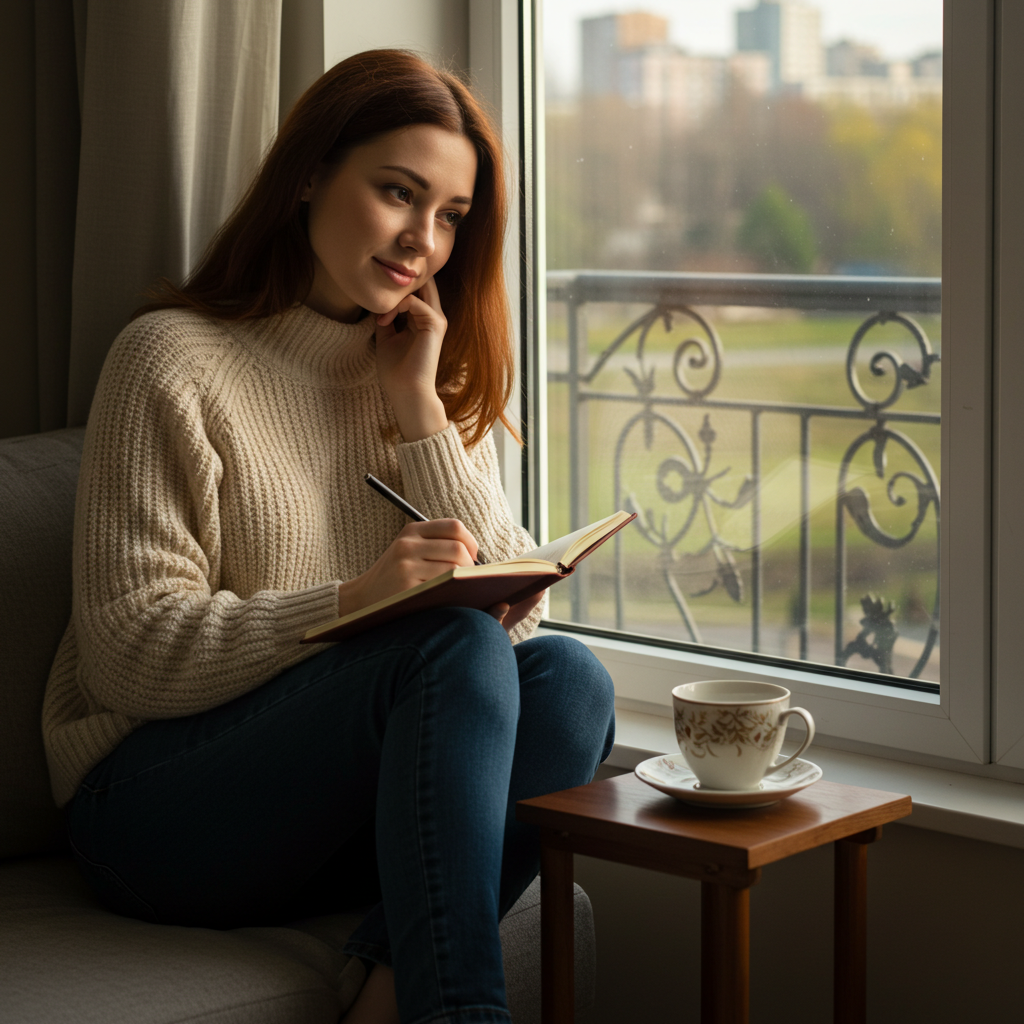 A woman sitting alone by a window, journaling thoughtfully with a cup of tea, engaged in self-reflection