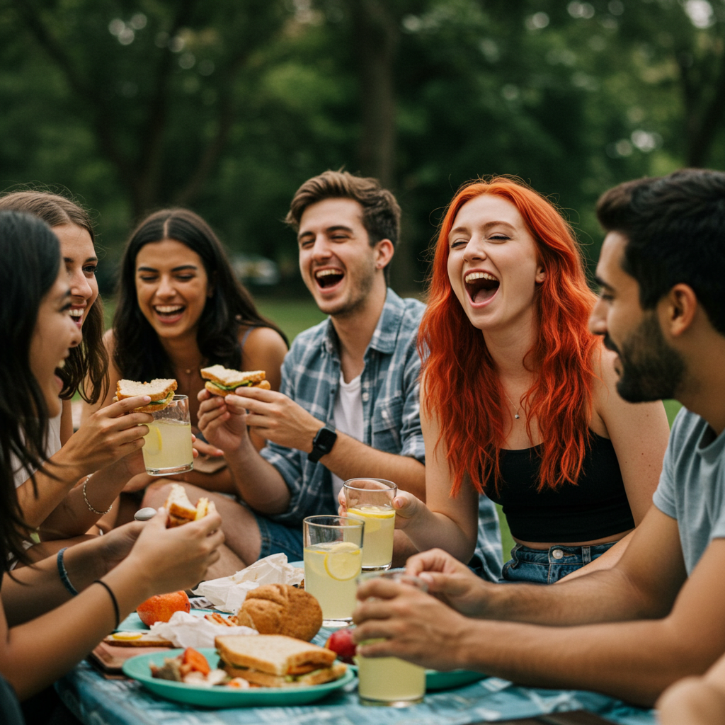 A person laughing wholeheartedly with a group of friends at a picnic, their joy is so palpable it seems to light up the entire scene.