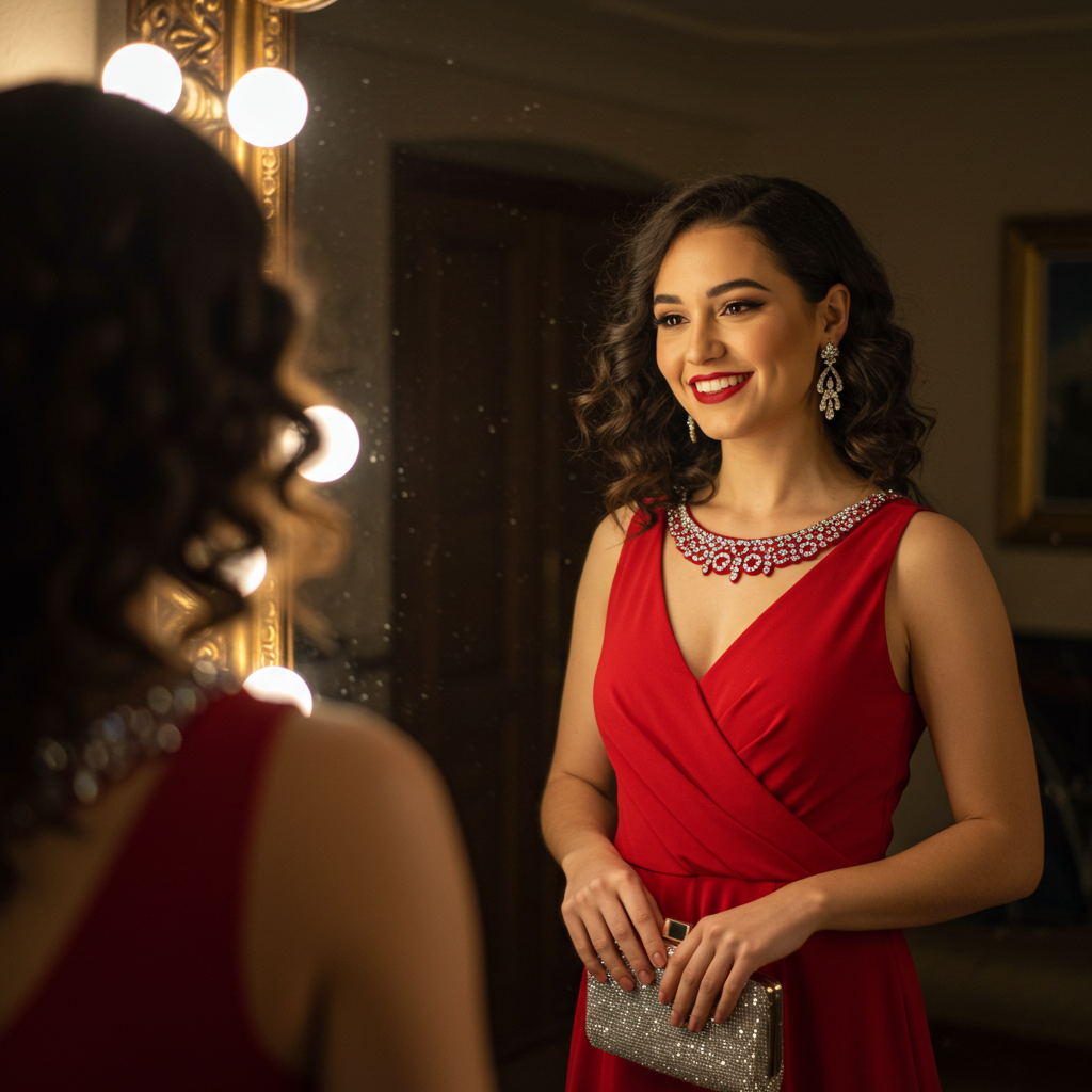 A person smiling confidently to themselves in the mirror before heading out for the evening, embodying a state of self-assurance.