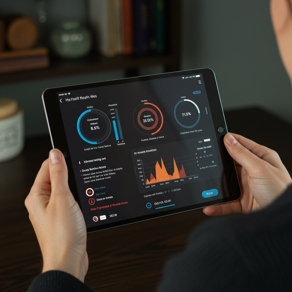 A person looking at a sleek tablet display showing a digital dashboard of their hair health metrics: hydration levels, protein balance, scalp microbiome score, and growth projections for the next month.