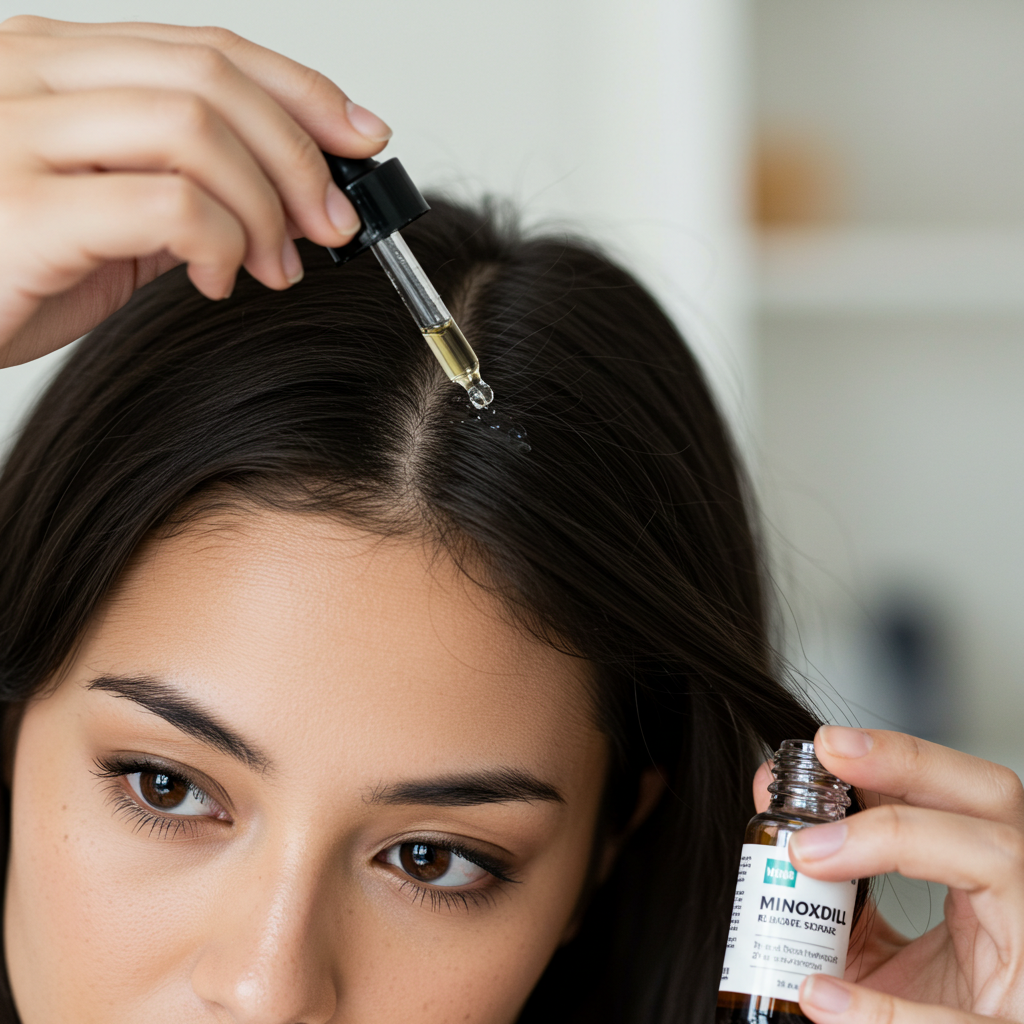 
Woman applying minoxidill serum on hair