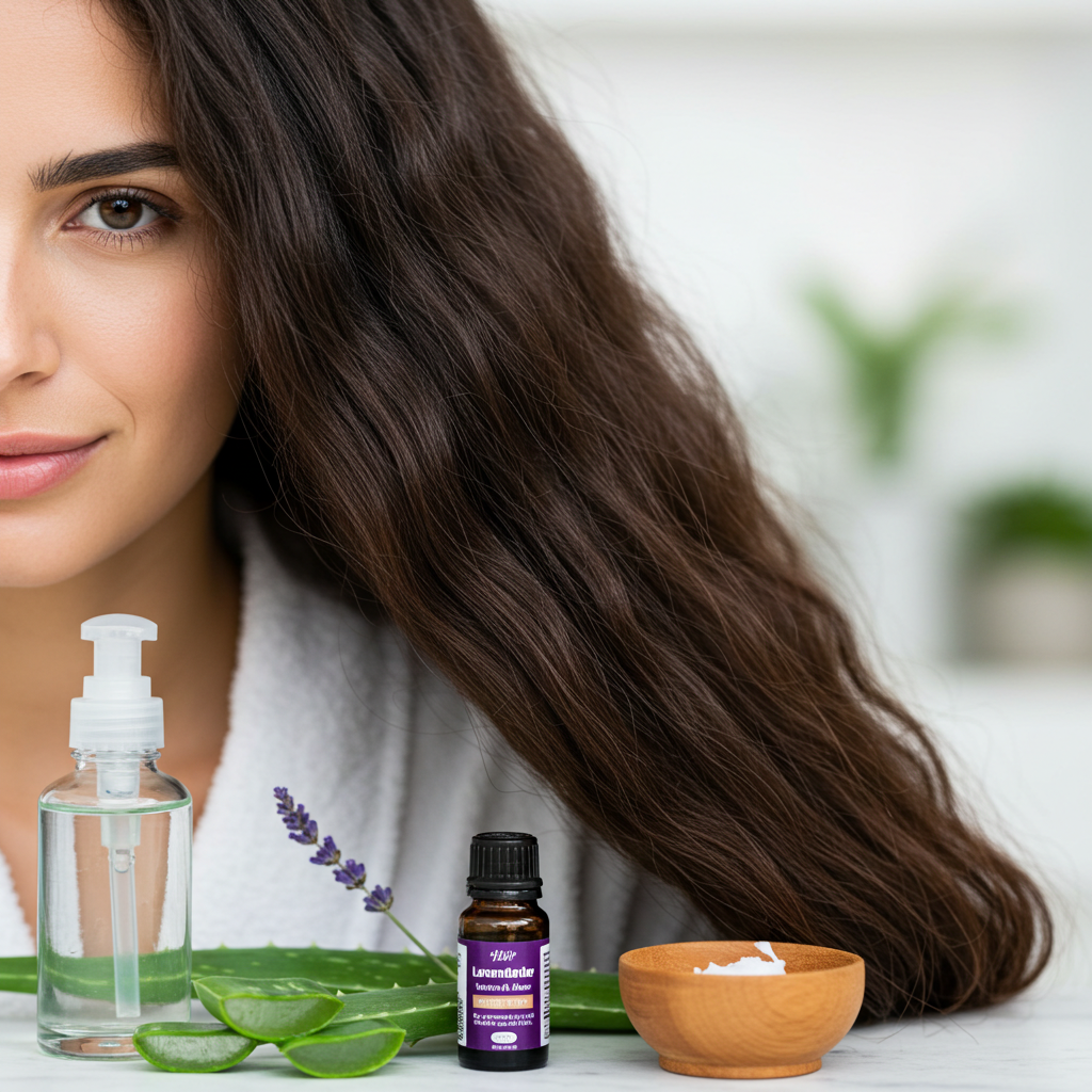 Healthy hair care routine with natural ingredients like aloe vera and essential oils