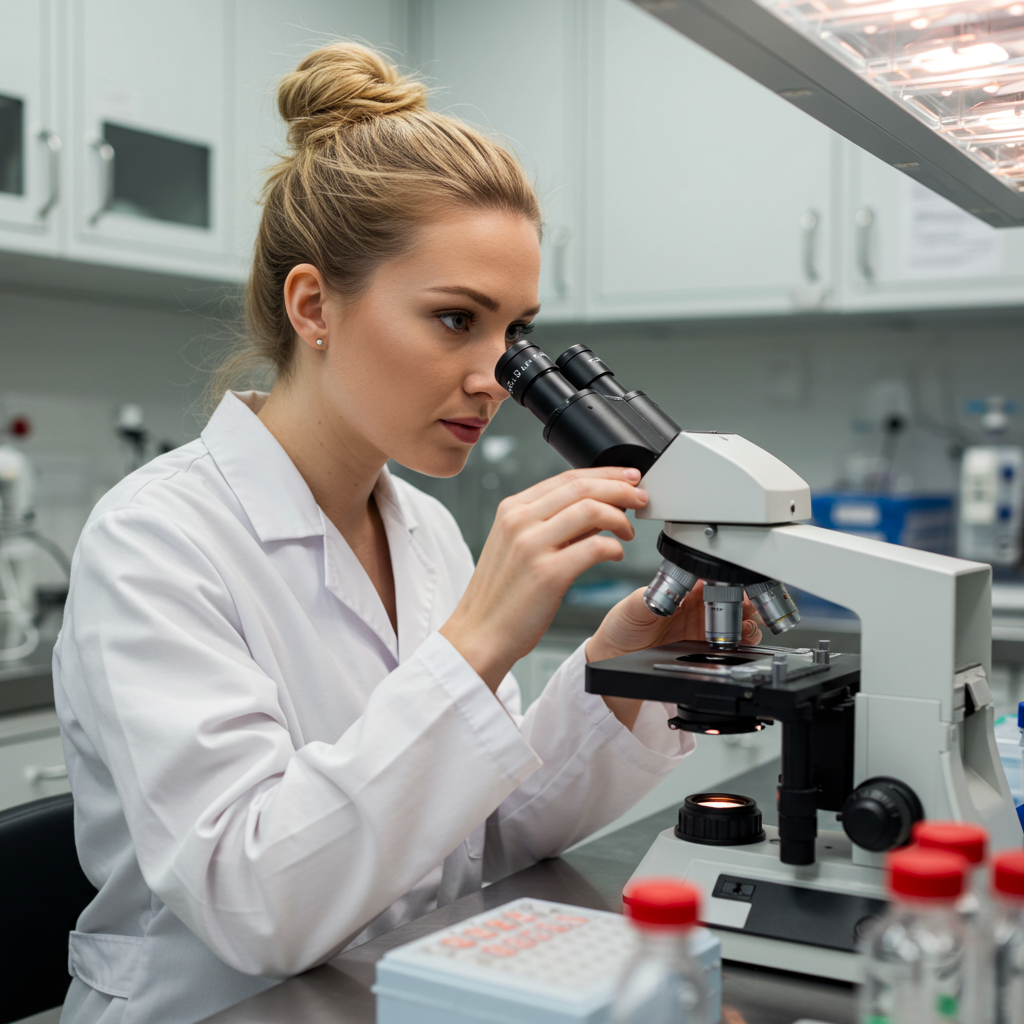 Scientist in lab examining tissue samples with futuristic medical equipment
