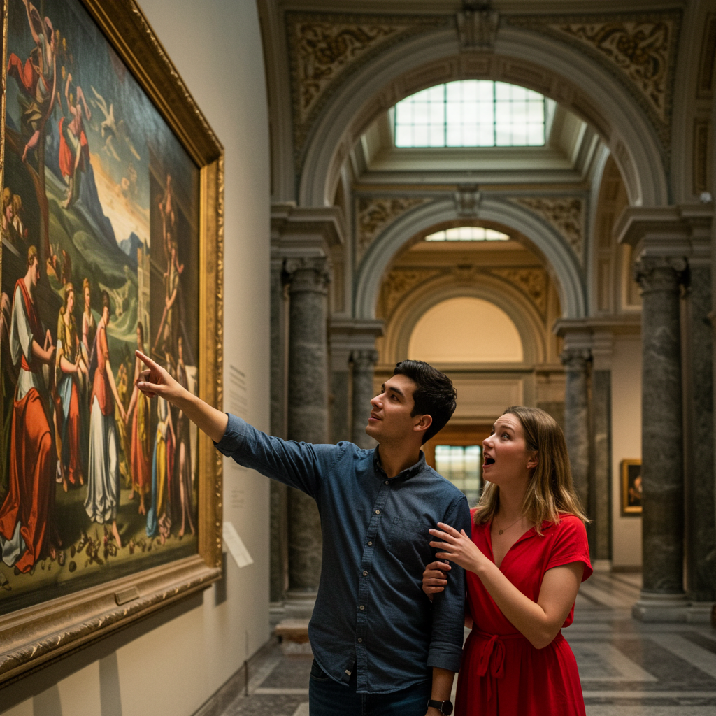 A couple strolling through a museum, one pointing at a painting and asking a question, the other answering with an animated expression.