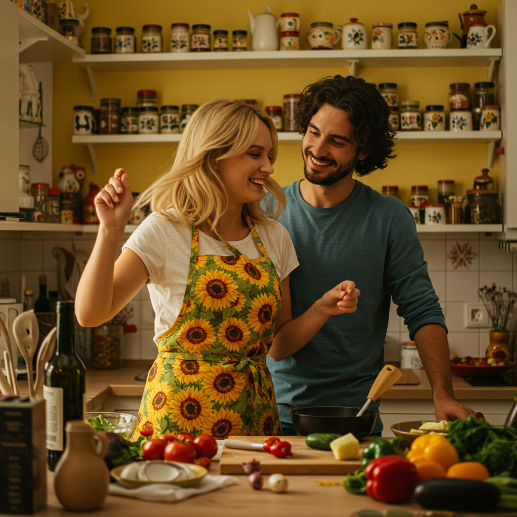 A woman doing a silly dance in her kitchen while cooking, her partner walks in and laughs adoringly instead of being embarrassed.