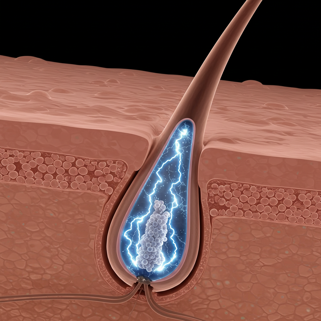 Illustration of a hair follicle with tiny electrical sparks emerging from it