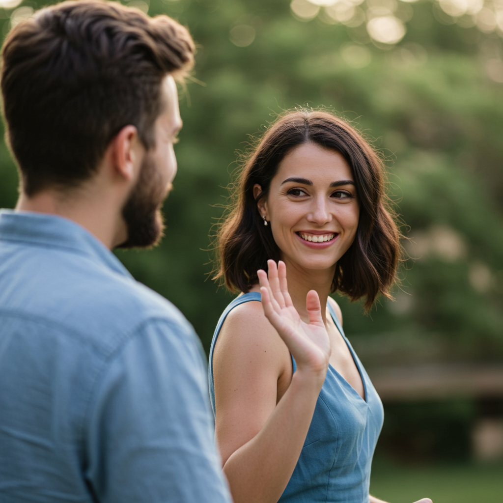 A woman smiling warmly and giving a slight wave as she turns to leave a conversation, leaving the other person looking pleasantly intrigued.